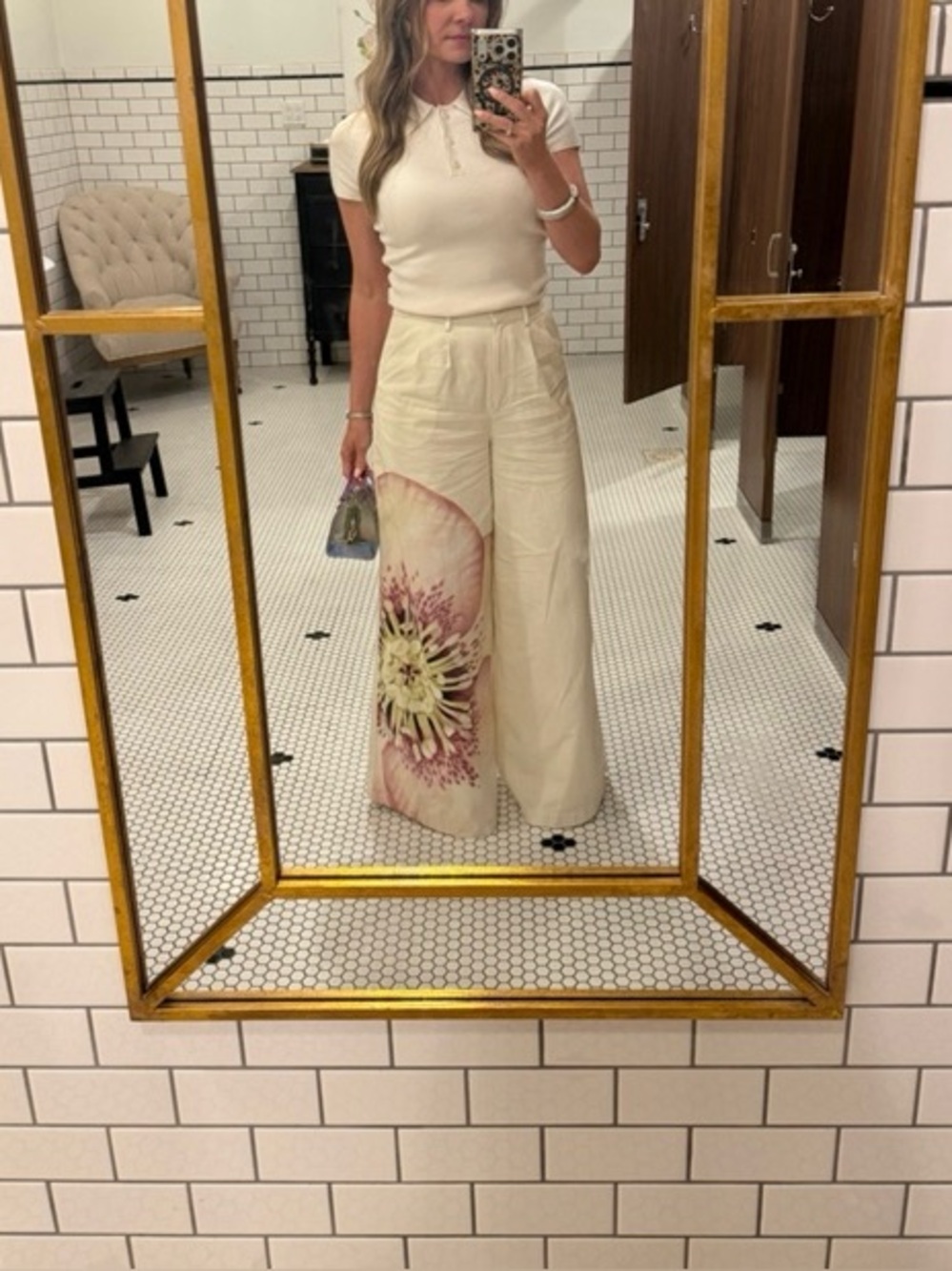 Wide Leg Floral Print Pants in Cream and Pink - Picture 3 of 7